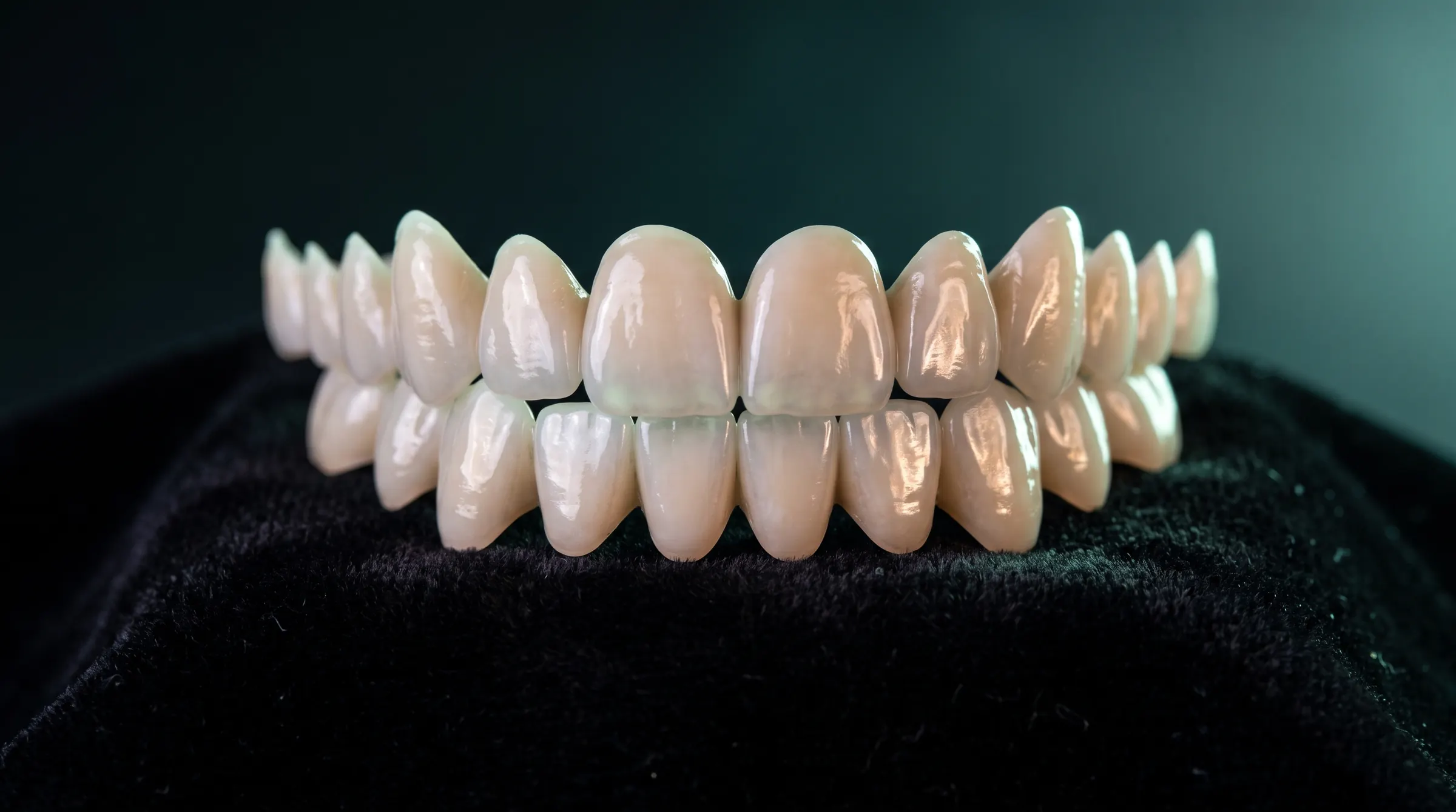 Facetas de porcelana em preparação na bancada da clínica Esmalte