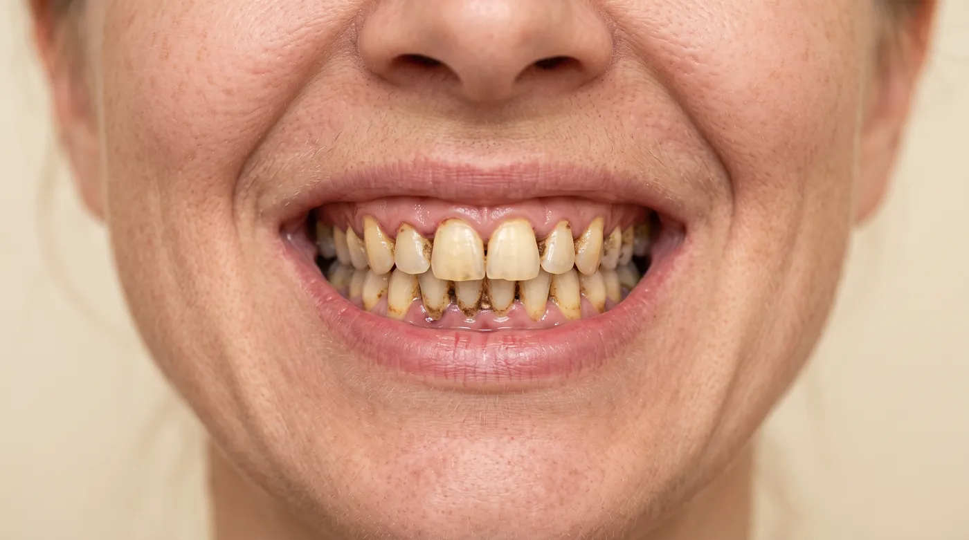 O mesmo sorriso antes do tratamento, com dentes amarelados e tártaro junto à gengiva.