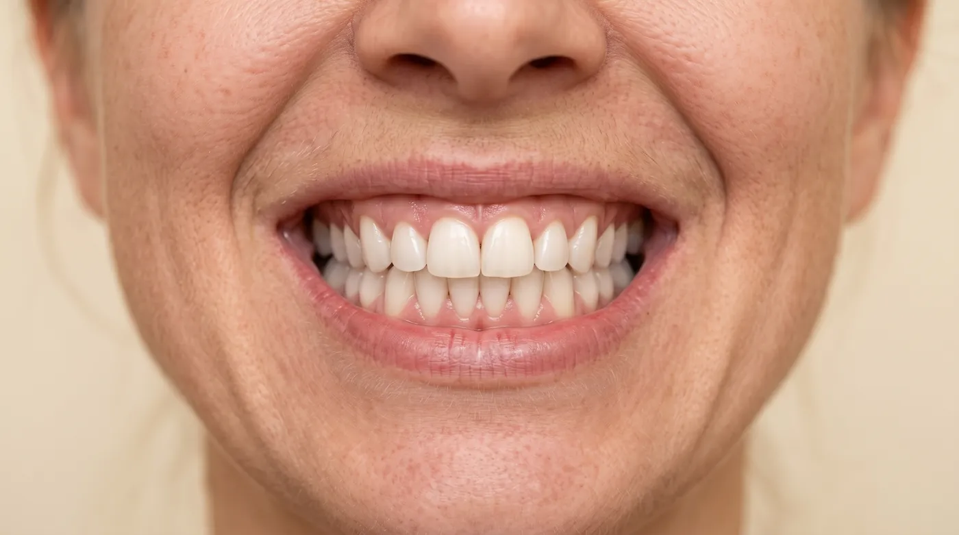 Sorriso com dentes limpos e brancos, depois da destartarização e do branqueamento.
