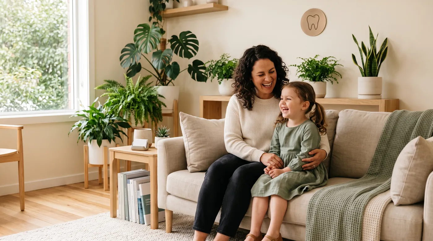 Mãe e filha a rir na sala de espera acolhedora da clínica NÁCAR, com plantas e luz natural.